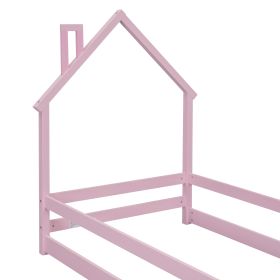 Twin Size Wood bed with House-shaped Headboard Floor bed with Fences,Pink