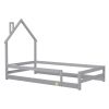 Twin Size Wood bed with House-shaped Headboard Floor bed with Fences,Grey