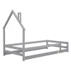 Twin Size Wood bed with House-shaped Headboard Floor bed with Fences,Grey