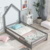 Twin Size Wood bed with House-shaped Headboard Floor bed with Fences,Grey