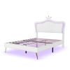 Queen Size Upholstered Bed Frame with LED Lights,Modern Upholstered Princess Bed With Crown Headboard,White