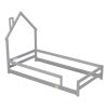 Twin Size Wood bed with House-shaped Headboard Floor bed with Fences,Grey