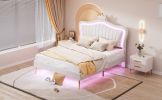 Queen Size Upholstered Bed Frame with LED Lights,Modern Upholstered Princess Bed With Crown Headboard,White