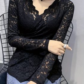 Solid Contrast Lace Blouse, Elegant V Neck Long Sleeve Blouse, Women's Clothing (Color: Black, size: Asian XL(6))