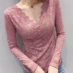 Solid Contrast Lace Blouse, Elegant V Neck Long Sleeve Blouse, Women's Clothing (Color: Pink, size: Asian XXL(8))