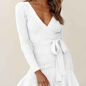 Belted V Neck Knitted Dress, Elegant Long Sleeve Dress For Spring & Fall, Women's Clothing (Color: White, size: M(6))