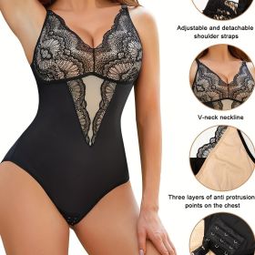 Contrast Lace Shaping Bodysuit, V Neck Sleeveless Slimming Body Shaper, Women's Underwear & Shapewear (Color: Black, size: S(4))