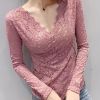 Solid Contrast Lace Blouse, Elegant V Neck Long Sleeve Blouse, Women's Clothing