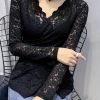 Solid Contrast Lace Blouse, Elegant V Neck Long Sleeve Blouse, Women's Clothing