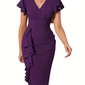 Ruffle Hem Bodycon Dress, Elegant V-neck Flutter Sleeve Dress, Women's Clothing (Color: Deep Purple, size: M(6))