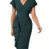 Ruffle Hem Bodycon Dress, Elegant V-neck Flutter Sleeve Dress, Women's Clothing