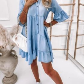 A-Line Midi Denim Dress; Ruffled Hem Denim Skirt; Casual Loose Dress (Color: Light blue, size: L(8/10))