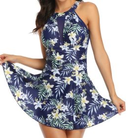 Women's One Piece Swimsuit High Neck Tummy Control Ruched Swimdress (Color: Fairy navy, size: XL)