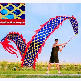 DSJUGGLING 3D Dragon Poi with 340g Weighted Ball & 1.1 Meters Swing Rope - Silk Flowy Shaking & Flinging Chinese Golden Dragon Ribbon Streamer + Trave (Color: Golden Blue Dragon)