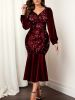 Sequined Mermaid Hem Dress, Elegant Long Sleeve V Neck Dress For Party & Banquet, Women's Clothing