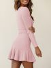 Belted V Neck Knitted Dress, Elegant Long Sleeve Dress For Spring & Fall, Women's Clothing