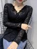 Solid Contrast Lace Blouse, Elegant V Neck Long Sleeve Blouse, Women's Clothing