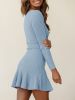 Belted V Neck Knitted Dress, Elegant Long Sleeve Dress For Spring & Fall, Women's Clothing