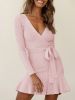 Belted V Neck Knitted Dress, Elegant Long Sleeve Dress For Spring & Fall, Women's Clothing