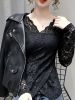 Solid Contrast Lace Blouse, Elegant V Neck Long Sleeve Blouse, Women's Clothing